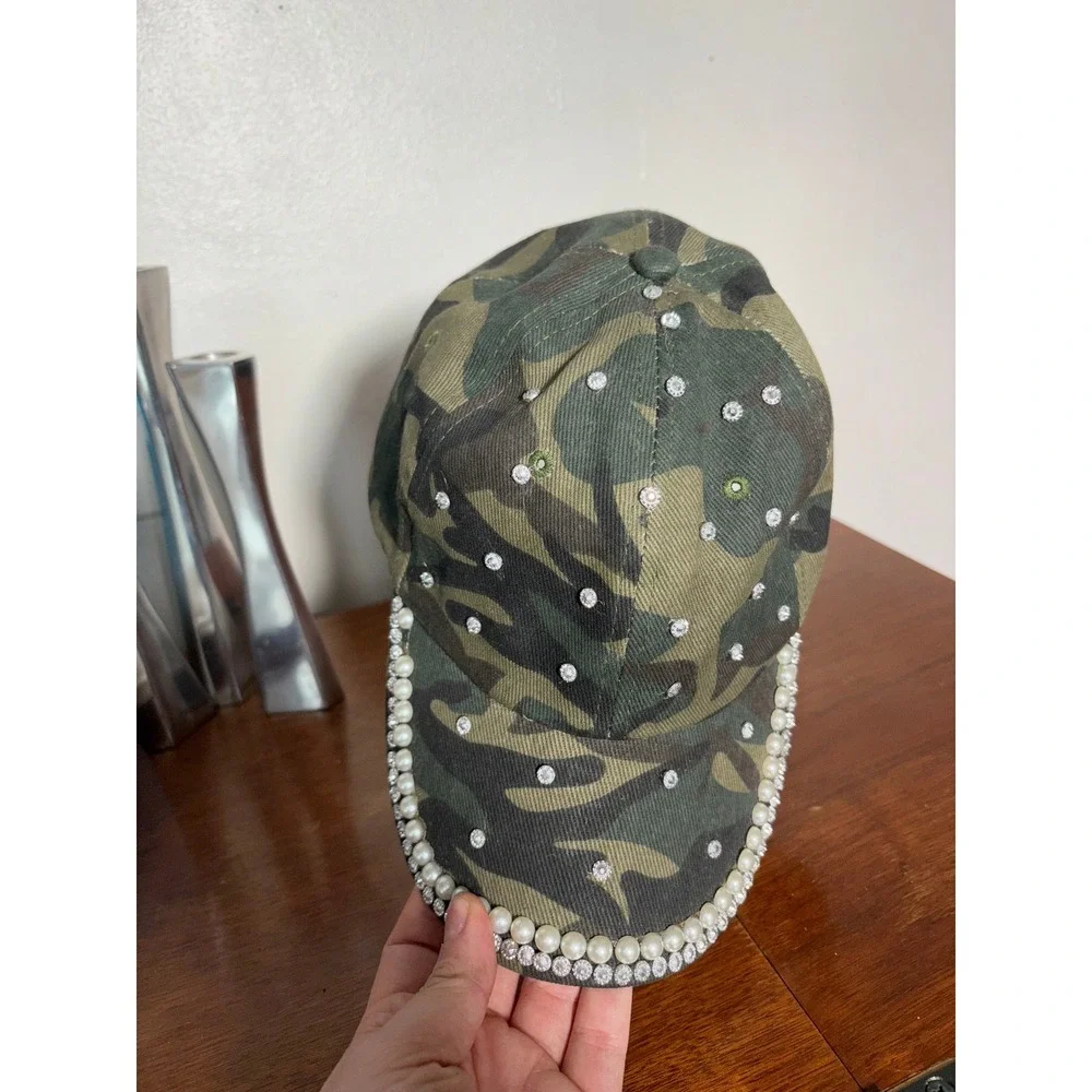 Camo Baseball Hat Womens Sz OS Green Rhinestone Pearl Excellent Bling‎